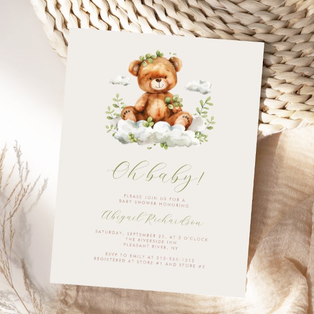 Green Watercolor Eucalyptus Teddy Bear Baby Shower Postcard (Creator Uploaded)
