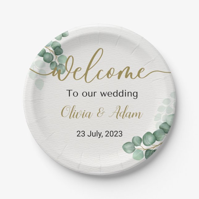 Green Watercolor Eucalyptus Wedding Welcome Sign Paper Plates (Front)