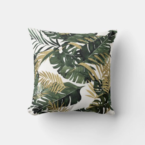 Green Watercolor  Faux Gold Foil Tropical Leaves Throw Pillow