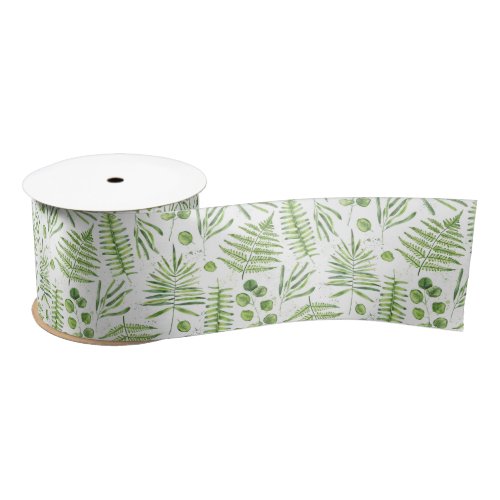 Green Watercolor Ferns and Eucalyptus Pattern Satin Ribbon