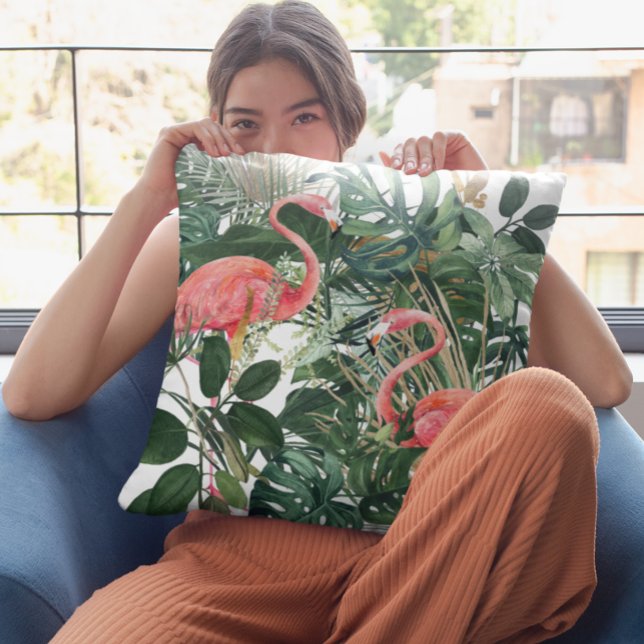 Green Watercolor Flamingo Tropical Leaves Throw Pillow (Creator Uploaded)