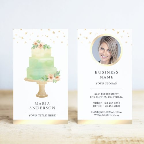 Green Watercolor Floral Cake Pastry Chef Bakery Business Card