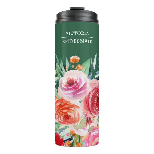 Green Watercolor Floral Custom Bridesmaid Name Thermal Tumbler