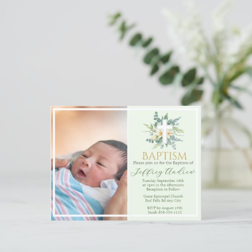 Green Watercolor Floral Faux Gold Photo Baptism Invitation Postcard