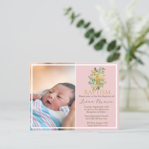 Green Watercolor Floral Faux Gold Photo Baptism Invitation Postcard