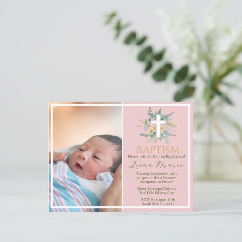 Green Watercolor Floral Faux Gold Photo Baptism Invitation Postcard