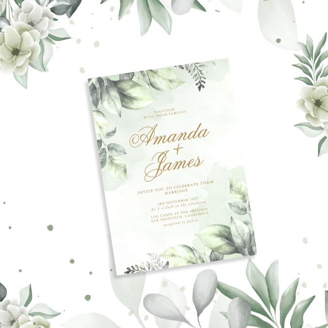 Green Watercolor Floral Leaves Elegant Wedding Invitation (Creator Uploaded)