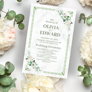 Green Watercolor Floral & Marble Wedding Programs