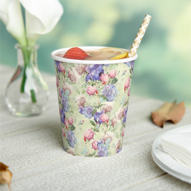 Green Watercolor Floral Pastel Paper Cups (Insitu)