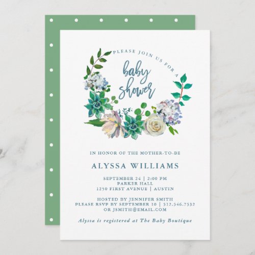 Green Watercolor Floral Succulent  Baby Shower Invitation