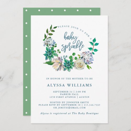 Green Watercolor Floral Succulent  Baby Sprinkle Invitation