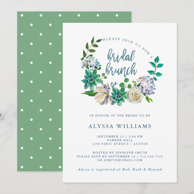 Green Watercolor Floral Succulent | Bridal Brunch Invitation (Front/Back)