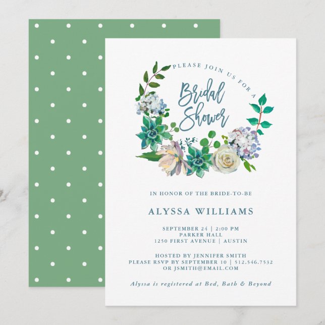 Green Watercolor Floral Succulent | Bridal Shower Invitation (Front/Back)
