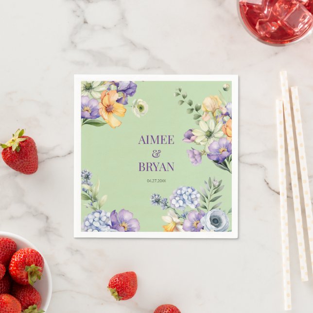 Green Watercolor Flower Wedding Napkins (Insitu)