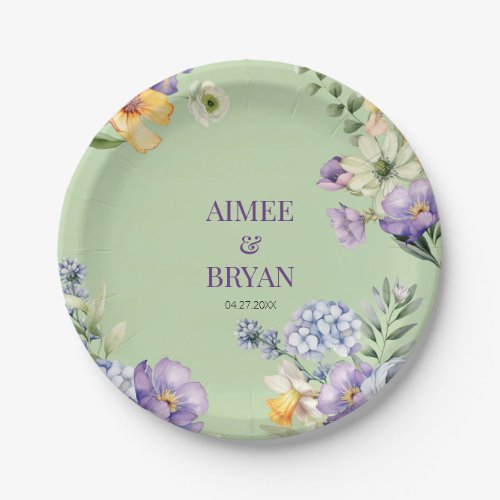 Green Watercolor Flower Wedding Paper Plates