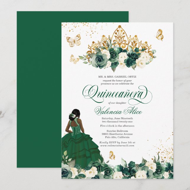 Green Watercolor Flowers + Butterfly Quinceanera Invitation (Front/Back)