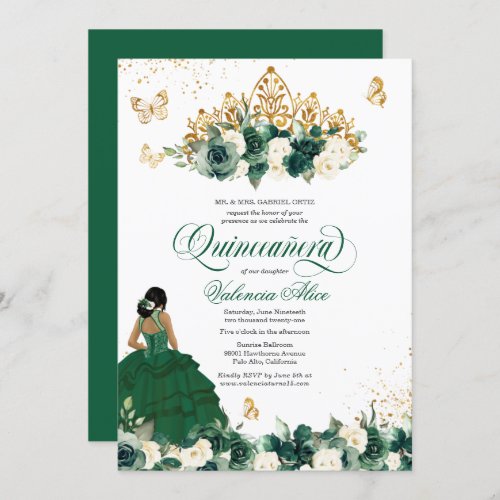 Green Watercolor Flowers Butterfly Quinceanera Invitation