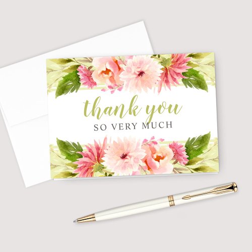 Green Watercolor Flowers Wedding Bridal Shower Thank You Card