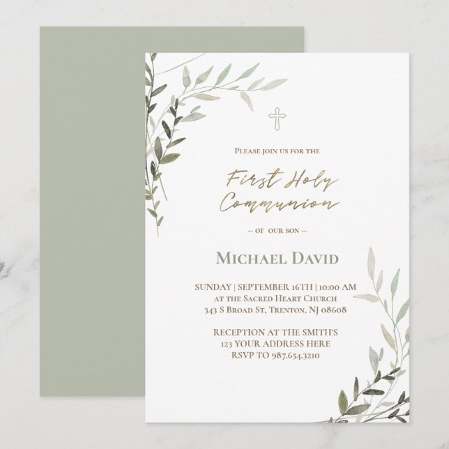 green watercolor foliage First Holy Communion Invitation (Front/Back)
