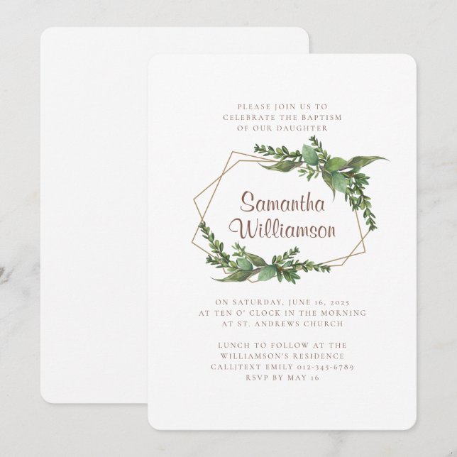 Green Watercolor Foliage Modern Baptismal Invitation (Front/Back)