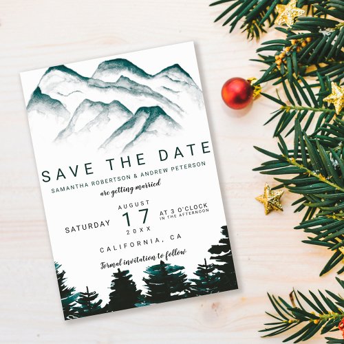 Green watercolor forest mountains save the date