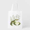 Green Watercolor Frog with Leaves Grocery Bag