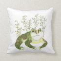 Green Watercolor Frog with Leaves Throw Pillow