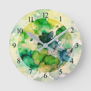 Green Watercolor Fusion Round Clock