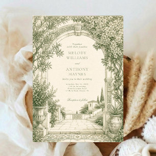 Green Watercolor Garden art Gate Wedding Invitation