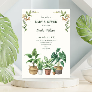 Green watercolor gardening plants baby shower invitation