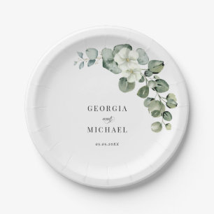 Green Watercolor Gold Eucalyptus Foliage Wedding Paper Plates