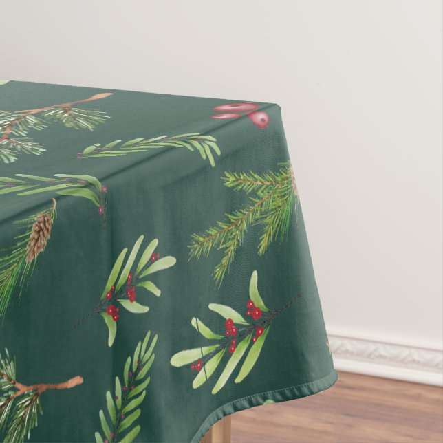 Green Watercolor Greenery Christmas Leaves Tablecloth (In Situ)