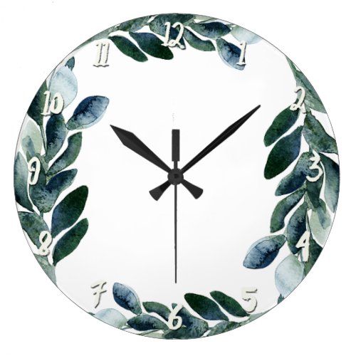 Green Watercolor Greenery Leaves Botanical Rustic Large Clock