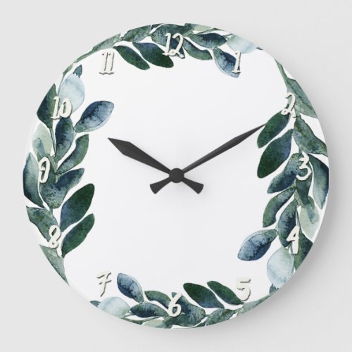 Green Watercolor Greenery Leaves Botanical Rustic Large Clock