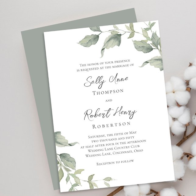 Green Watercolor Greenery Wedding Invitation (Elegant green foliage leaves wedding invitations. )