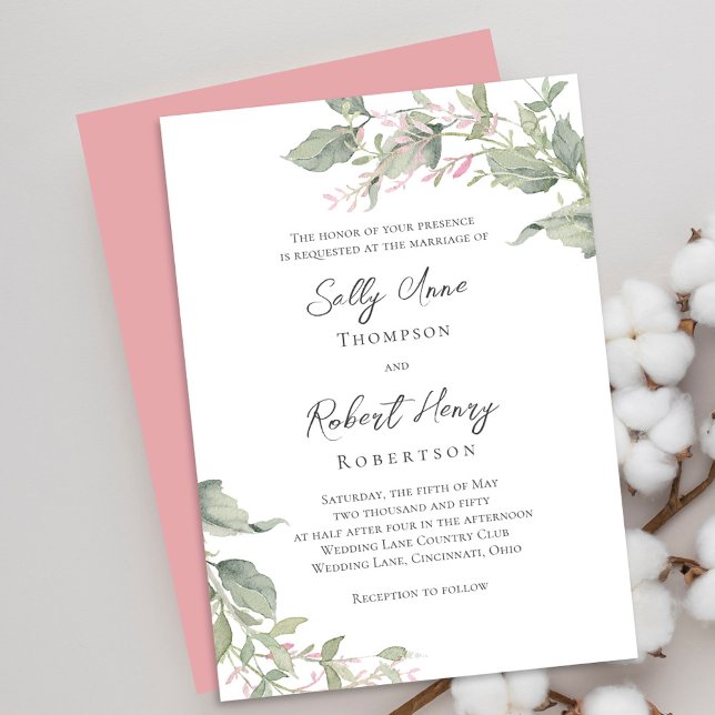 Green Watercolor Greenery Wedding Invitation (Blush pink and grey floral wedding invitations. )