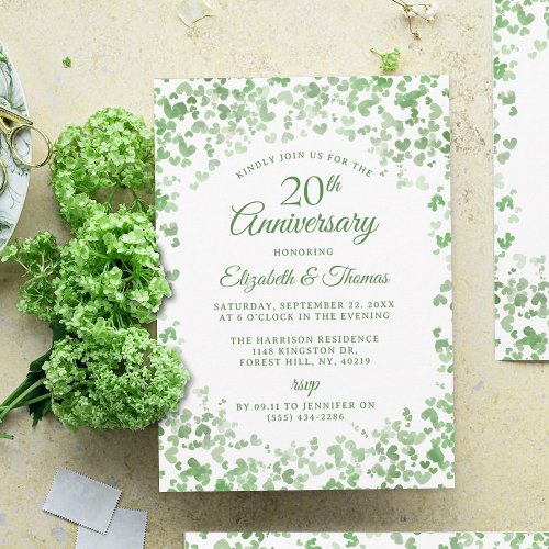 Green Watercolor Hearts 20th Wedding Anniversary Invitation