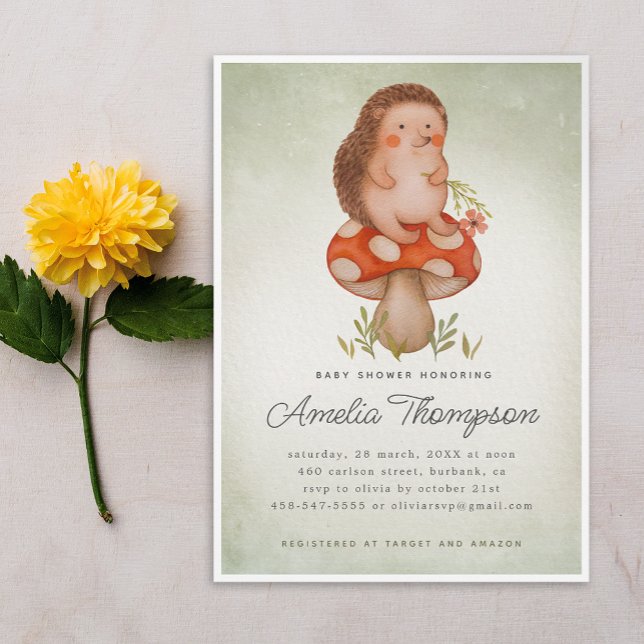 Green Watercolor Hedgehog and Mushroom Baby Shower Invitation (Creator Uploaded)