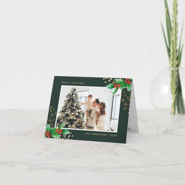 Green Watercolor Holly Photo Merry Christmas Card (Front)