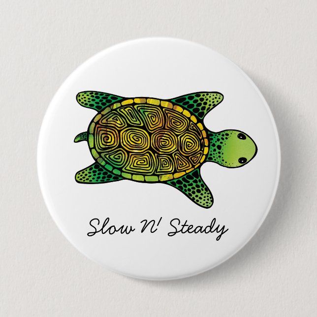 Green Watercolor Ink Drawn Turtle Pinback Button (Front)