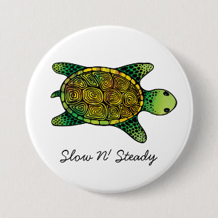 Green Watercolor Ink Drawn Turtle Pinback Button