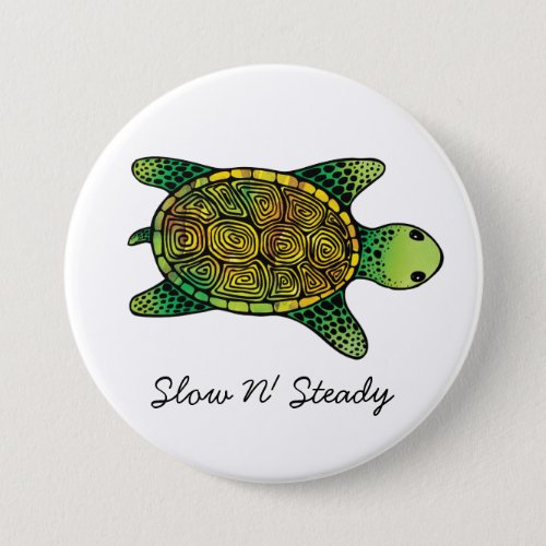 Green Watercolor Ink Drawn Turtle Pinback Button