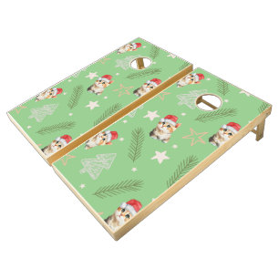 Green watercolor kitten cat Santa Merry Christmas Cornhole Set