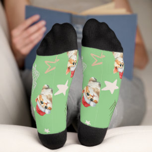 Green watercolor kitten cat Santa Merry Christmas  Socks