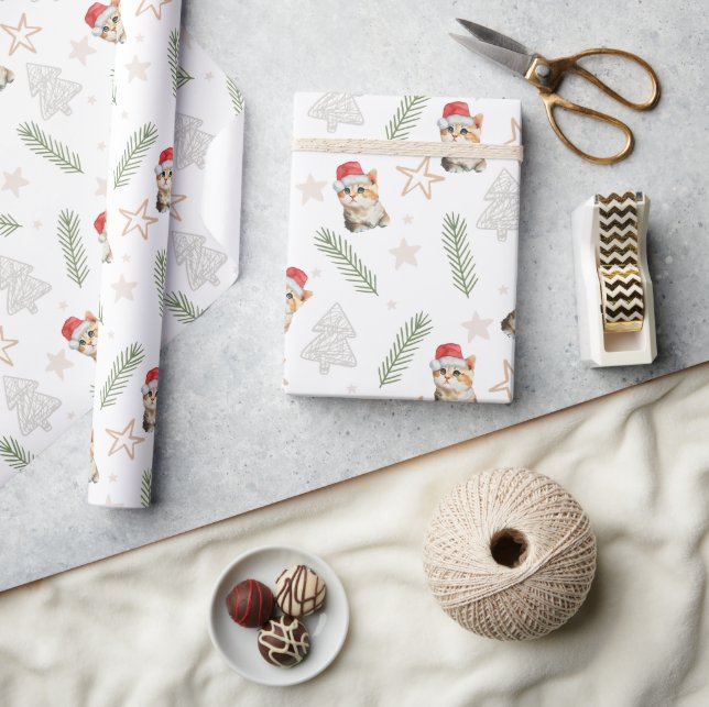 Green watercolor kitten cat Santa Merry Christmas  Wrapping Paper (Crafts)