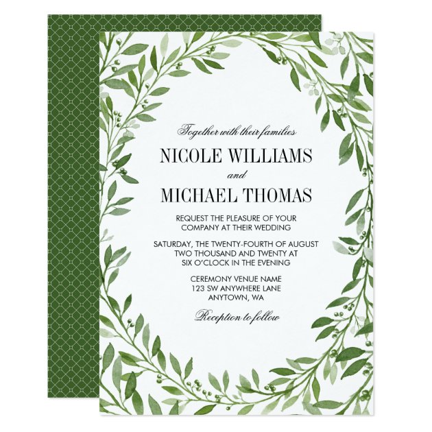 Green Watercolor Laurel Leaf Wreath Wedding Invitation