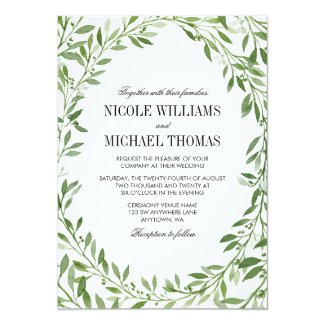 Greenery Wedding Invitation with Watercolor Laurel Wreath
