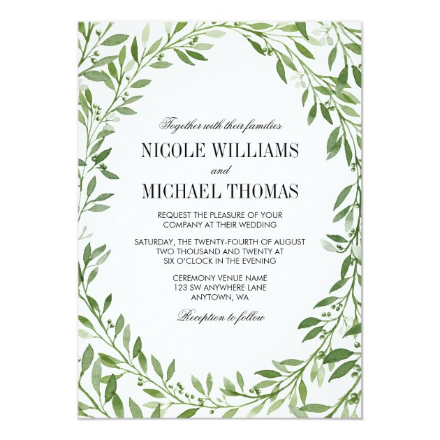 Green Watercolor Laurel Leaf Wreath Wedding Invitation