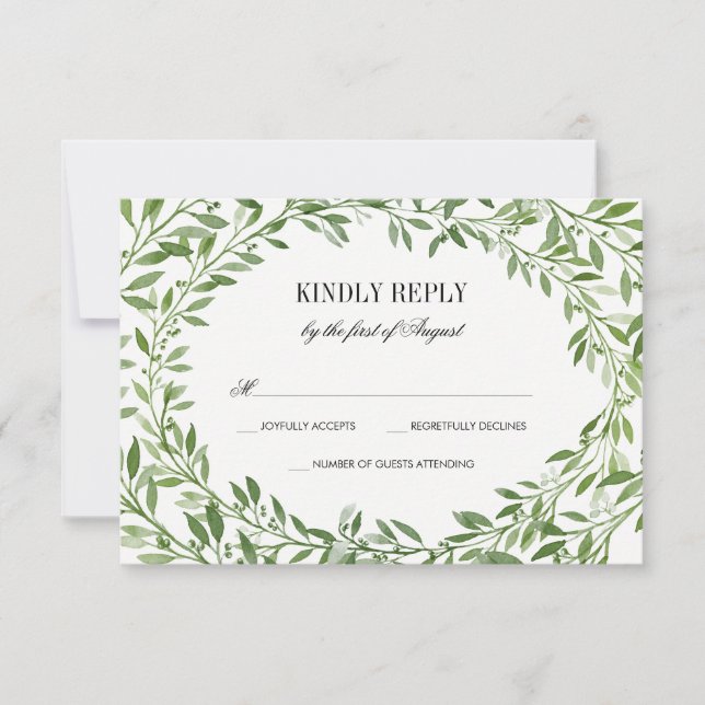 Green Watercolor Laurel Leaf Wreath Wedding RSVP Card (Front)