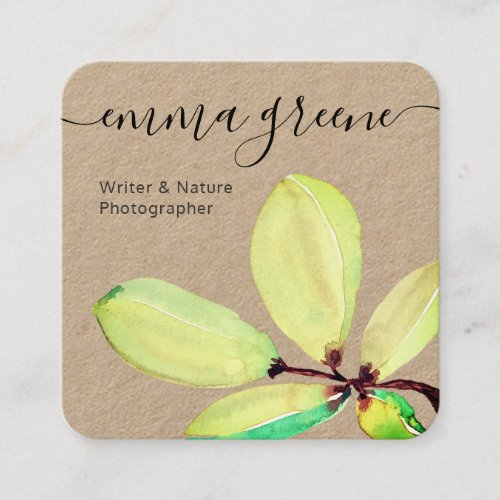 Green Watercolor Leaf Branch Square Kraft Square B Square Business Card